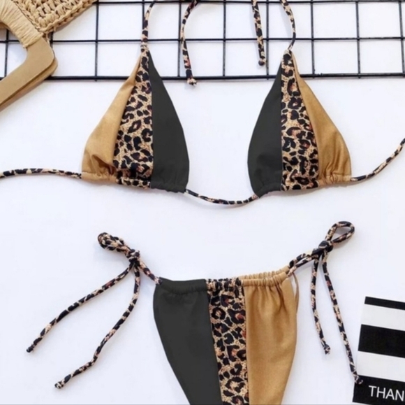 New Leopard String Slide Triangle Brazilian Bikini Set Swimsuit Size M - Picture 6 of 7